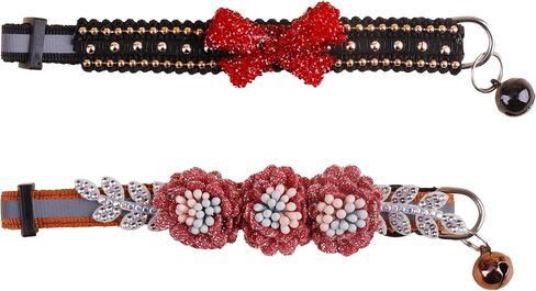 2 Pack Cat Collar Pink Floral with Bell and Removable Flower Bowtie Breakaway Adjustable Cat Collar for Girl Kitten Puppy Small Cats Dogs Daily Decoration (XQ8-5) in Kuwait