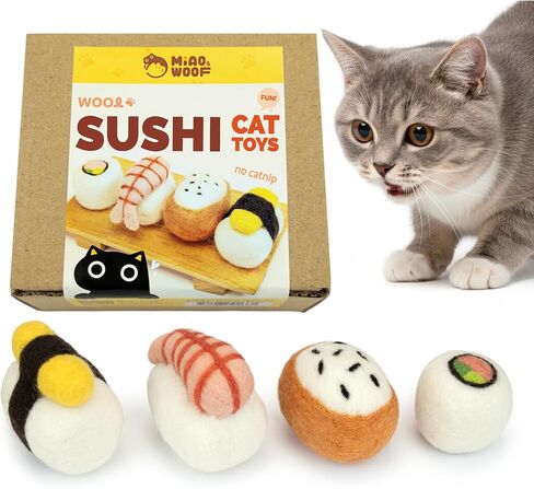 مجموعة ألعاب Woolbuddy Sushi Cat - ألعاب تفاعلية من الصوف للقطط والقطط الصغيرة، خالية من النعناع البري، متينة، ألعاب إثراء لطيفة للقطط المملة، ألعاب صيد الأسنان والصيد من الصوف الطبيعي (كبيرة - 4 قطع) in Kuwait