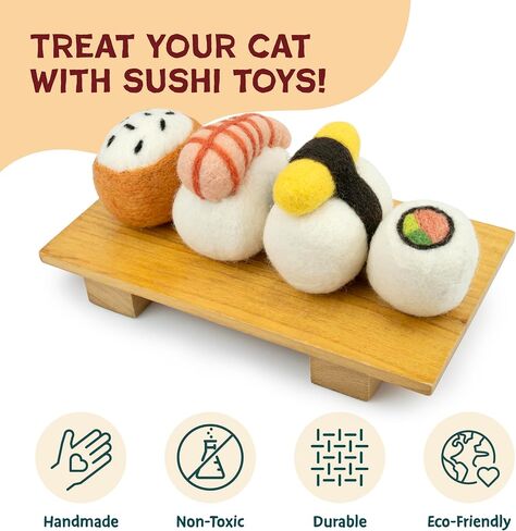 مجموعة ألعاب Woolbuddy Sushi Cat - ألعاب تفاعلية من الصوف للقطط والقطط الصغيرة، خالية من النعناع البري، متينة، ألعاب إثراء لطيفة للقطط المملة، ألعاب صيد الأسنان والصيد من الصوف الطبيعي (كبيرة - 4 قطع) in Kuwait