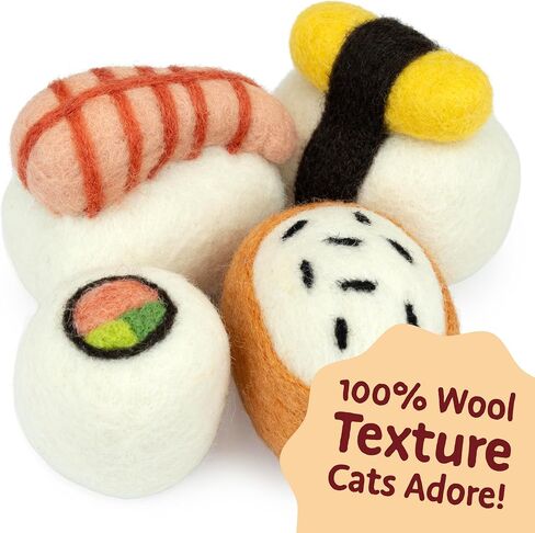 مجموعة ألعاب Woolbuddy Sushi Cat - ألعاب تفاعلية من الصوف للقطط والقطط الصغيرة، خالية من النعناع البري، متينة، ألعاب إثراء لطيفة للقطط المملة، ألعاب صيد الأسنان والصيد من الصوف الطبيعي (كبيرة - 4 قطع) in Kuwait