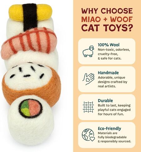 مجموعة ألعاب Woolbuddy Sushi Cat - ألعاب تفاعلية من الصوف للقطط والقطط الصغيرة، خالية من النعناع البري، متينة، ألعاب إثراء لطيفة للقطط المملة، ألعاب صيد الأسنان والصيد من الصوف الطبيعي (كبيرة - 4 قطع) in Kuwait