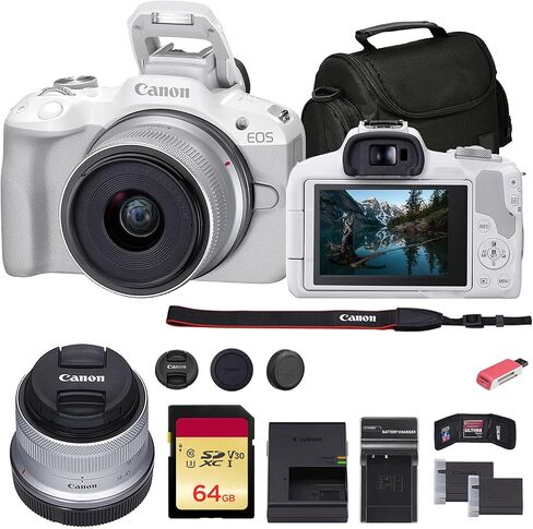 كاميرا Canon EOS R50 بدون مرآة مع عدسة 18-45 مم (أسود) (5811C012) + بطاقة ذاكرة سعة 64 جيجابايت + حقيبة + شاحن + بطارية LPE17 + قارئ بطاقات + محفظة ذاكرة + مجموعة أدوات التنظيف (متجددة) in Kuwait