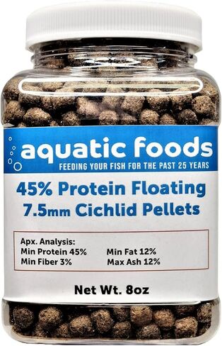 Aquatic Foods Inc. كريات البلطية، 45% بروتين عائمة 7.5 ملم (5/16 بوصة) لجوائز الأوسكار الأكبر، البلطي في أمريكا الوسطى وأمريكا الجنوبية...جرة صغيرة 8 أونصة in Kuwait