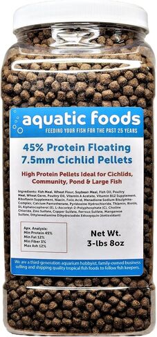 Aquatic Foods Inc. كريات البلطية، 45% بروتين عائمة 7.5 ملم (5/16 بوصة) لجوائز الأوسكار الأكبر، البلطي في أمريكا الوسطى وأمريكا الجنوبية...جرة صغيرة 8 أونصة in Kuwait