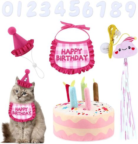 Cat Birthday Outfit Set, Birthday Bandana and Hat with 0-9 Numbers, Plush Birthday Cake and Funny Hanging Cat Toy with Catnip, Sweet Birthday Gift for Celebration (Blue) in Saudi Arabia