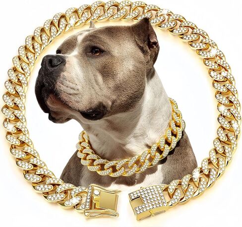 Sparkling Cuban Link Dog Collar with Diamond Inlay - Elegant Gold Chain for Dogs and Cats, Comfortable fit, 8 Size Options (3XL) in Saudi Arabia