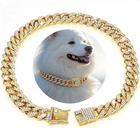 Sparkling Cuban Link Dog Collar with Diamond Inlay - Elegant Gold Chain for Dogs and Cats, Comfortable fit, 8 Size Options (3XL) in Saudi Arabia