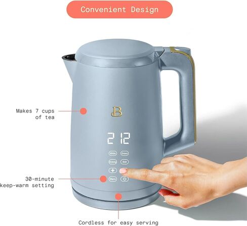 غلاية كهربائية جميلة سعة 1.7 لتر بقدرة 1500 وات - غلاية مياه من الفولاذ المقاوم للصدأ سريعة الغليان مع 4 إعدادات مسبقة لدرجة الحرارة للشاي والقهوة - لاسلكية مع شاشة تعمل باللمس. أجهزة المطبخ (وايت آيسينج) in Kuwait