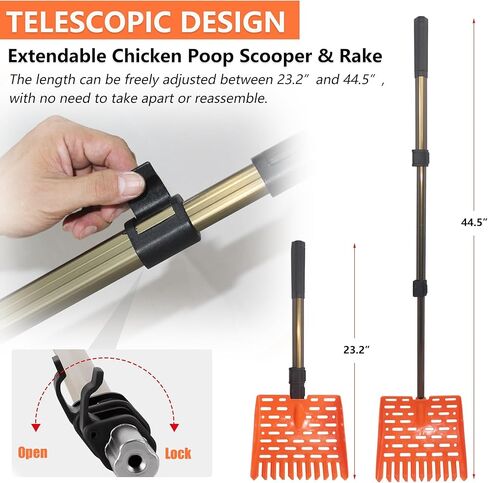 مغرفة فضلات الدجاج ومجرفة 2 في 1 مغرفة فضلات الدجاج التلسكوبية لأقفاص الدجاج وحيوانات المزرعة الصغيرة مجرفة غربلة فضلات الرمل (برتقالي) in Kuwait