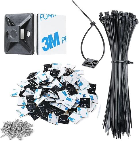 XHF 3/4" Strong Back-Glue Self Adhesive Black Cable Zip Tie Mounts 100pcs with 8" Zip Ties, Screws, UV Protection Outdoor Sticky Wire Fasteners Cable Clips Management Anchors Organizer Holders Squares in Kuwait