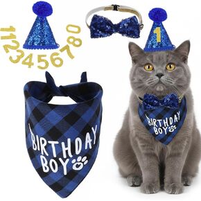 Xindojuz 1 Set Cat Birthday Hat Decorations, Adjustable Cat Birthday Hat with Number Bow Tie Bandana Collar for Cats Dogs Pet Kittens Apparel Christmas Party Outfits Supplies (Blue) in Kuwait