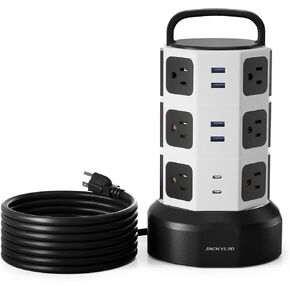 حامي برج قطاع الطاقة، JACKYLED 1625W 13A برج كهربائي عرام، 12 منفذ 6 منافذ USB محطة شحن سلك قابل للسحب مع سلك تمديد شديد التحمل 16AWG 6.5 قدم للمكتب المنزلي in Kuwait