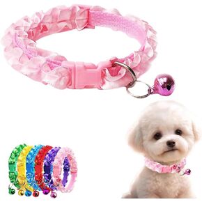 طوق كلب وردي مع جرس، طوق قطط مع أجراس، طوق كلب صغير من الدانتيل بنقطة مموجة مع مشبك جرس قابل للتعديل لـ XXS Xs إضافية صغيرة جدًا للكلاب الأليفة الصغيرة ورقبة هريرة 7.5-12.5 بوصة in Kuwait