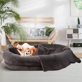 Human Size Dog Bed for Adults with Pillow and Blanket, Washable Orthopedic Faux Fur, Removable, Cozy Large, 73"x56"x12", Charcoal Dark Grey in Saudi Arabia