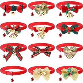 Thinkday 12 جهاز كمبيوتر شخصى طوق عيد الميلاد القط مع ربطة عنق وأجراس، 8 "-14" قابل للتعديل عيد الميلاد الانفصالية طوق هريرة، عطلة القط جرو القوس التعادل مشبك السائبة، الحيوانات الأليفة هريرة لوازم الاشياء الملحقات الديكور in Kuwait