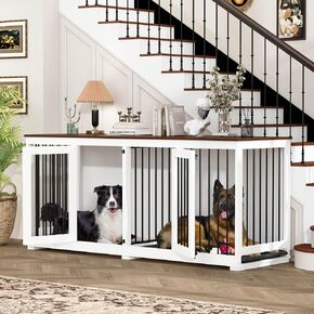 70.9" Large Double Dog Crate Furniture, Wooden Dog Kennel House with Divider & 2 Trays, for Large or 2 Medium Breeds Indoor, White in Kuwait