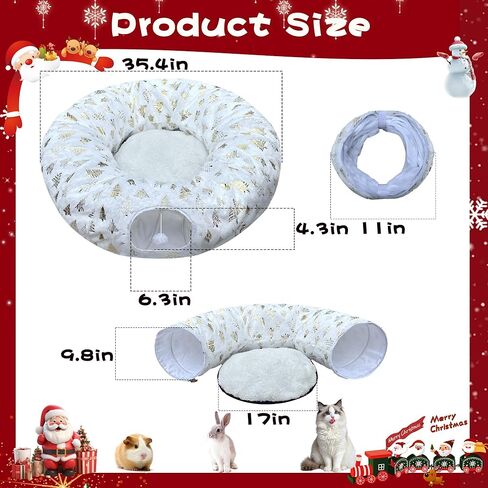 LUCKITTY عيد الميلاد ندفة الثلج طباعة القط نفق تحت الشجرة، نسيج الجاكار المخملي الملمس مع الكرة القطيفة المعلقة، قطر 10 بوصة أنبوب الحيوانات الأليفة جولة واسعة 3 أقدام - القطيفة وتحويل القط احتفالي الأحمر in Kuwait