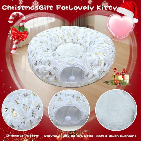 LUCKITTY عيد الميلاد ندفة الثلج طباعة القط نفق تحت الشجرة، نسيج الجاكار المخملي الملمس مع الكرة القطيفة المعلقة، قطر 10 بوصة أنبوب الحيوانات الأليفة جولة واسعة 3 أقدام - القطيفة وتحويل القط احتفالي الأحمر in Kuwait