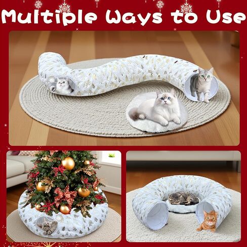 LUCKITTY عيد الميلاد ندفة الثلج طباعة القط نفق تحت الشجرة، نسيج الجاكار المخملي الملمس مع الكرة القطيفة المعلقة، قطر 10 بوصة أنبوب الحيوانات الأليفة جولة واسعة 3 أقدام - القطيفة وتحويل القط احتفالي الأحمر in Kuwait