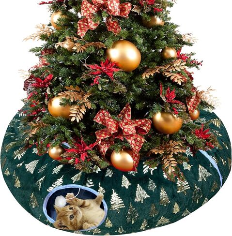 LUCKITTY عيد الميلاد ندفة الثلج طباعة القط نفق تحت الشجرة، نسيج الجاكار المخملي الملمس مع الكرة القطيفة المعلقة، قطر 10 بوصة أنبوب الحيوانات الأليفة جولة واسعة 3 أقدام - القطيفة وتحويل القط احتفالي الأحمر in Kuwait