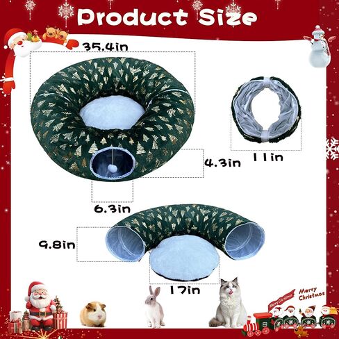 LUCKITTY عيد الميلاد ندفة الثلج طباعة القط نفق تحت الشجرة، نسيج الجاكار المخملي الملمس مع الكرة القطيفة المعلقة، قطر 10 بوصة أنبوب الحيوانات الأليفة جولة واسعة 3 أقدام - القطيفة وتحويل القط احتفالي الأحمر in Kuwait
