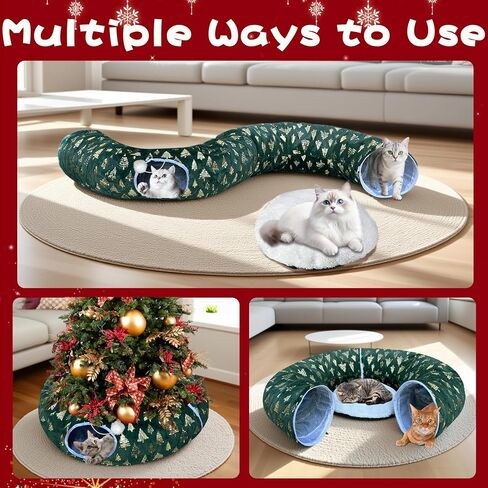 LUCKITTY عيد الميلاد ندفة الثلج طباعة القط نفق تحت الشجرة، نسيج الجاكار المخملي الملمس مع الكرة القطيفة المعلقة، قطر 10 بوصة أنبوب الحيوانات الأليفة جولة واسعة 3 أقدام - القطيفة وتحويل القط احتفالي الأحمر in Kuwait