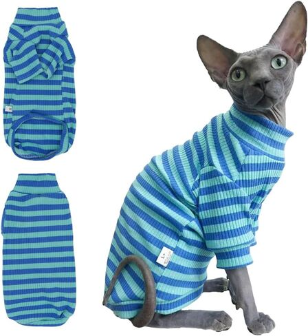 Striped Waffle Knit Shirt for Sphynx Cat, 2-Leg Long Sleeve Lightweight Outfit for Hairless Cats, Soft All-Season Pet Clothes (Blue, X-Large (7-9.5 lbs)) in Saudi Arabia