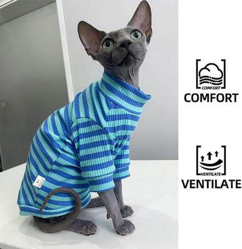 Striped Waffle Knit Shirt for Sphynx Cat, 2-Leg Long Sleeve Lightweight Outfit for Hairless Cats, Soft All-Season Pet Clothes (Blue, X-Large (7-9.5 lbs)) in Saudi Arabia