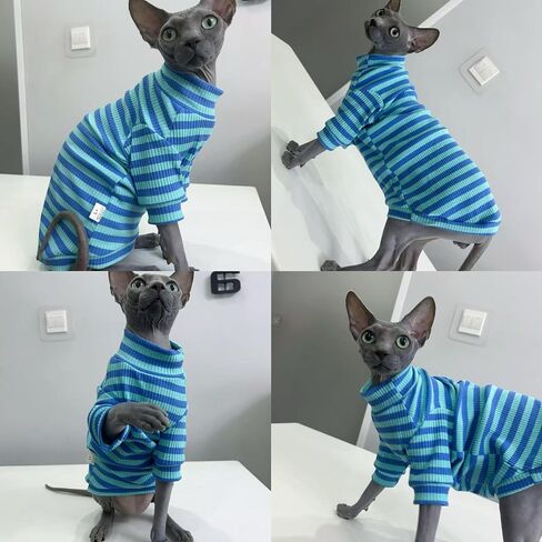 Striped Waffle Knit Shirt for Sphynx Cat, 2-Leg Long Sleeve Lightweight Outfit for Hairless Cats, Soft All-Season Pet Clothes (Blue, X-Large (7-9.5 lbs)) in Saudi Arabia