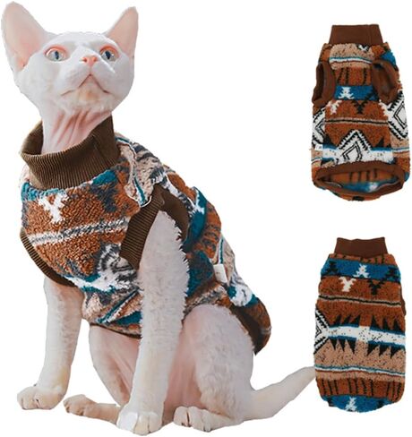 Sphynx Cat Clothes,Boho Style Cat Clothes for Fall Winter, 2-Legged Fleece Lined Warm Shirt, Soft Plush Sweater for Hairless Cats Devon Rex (Brown, Large (5-6.5 lbs)) in Saudi Arabia