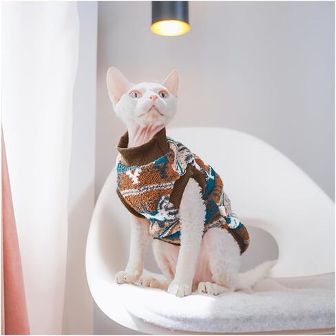 Sphynx Cat Clothes,Boho Style Cat Clothes for Fall Winter, 2-Legged Fleece Lined Warm Shirt, Soft Plush Sweater for Hairless Cats Devon Rex (Brown, Large (5-6.5 lbs)) in Saudi Arabia