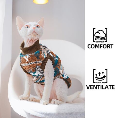Sphynx Cat Clothes,Boho Style Cat Clothes for Fall Winter, 2-Legged Fleece Lined Warm Shirt, Soft Plush Sweater for Hairless Cats Devon Rex (Brown, Large (5-6.5 lbs)) in Saudi Arabia