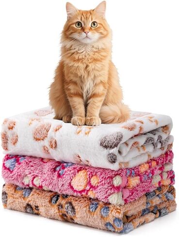 Pet Blanket 3 Pack Super Soft Fluffy Fleece, 23x16 Inch Plush Throw for Dogs & Cats, Warm Cozy Paw Print Design for Crate Bed & Sofa (White, Coffee, Pink) in Saudi Arabia