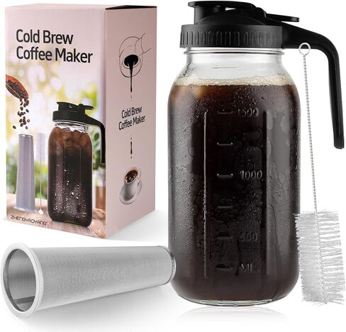 Cold Brew Coffee Maker, 64 oz Glass Pitcher with Mesh Filter, 2 Quart Mason Jar with Lid in Kuwait