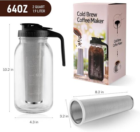 Cold Brew Coffee Maker, 64 oz Glass Pitcher with Mesh Filter, 2 Quart Mason Jar with Lid in Kuwait