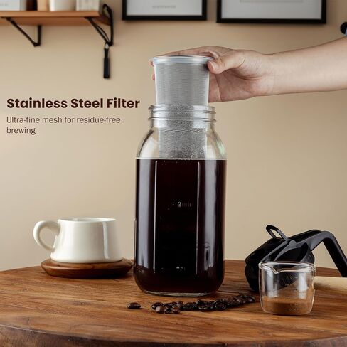 Cold Brew Coffee Maker, 64 oz Glass Pitcher with Mesh Filter, 2 Quart Mason Jar with Lid in Kuwait