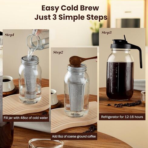 Cold Brew Coffee Maker, 64 oz Glass Pitcher with Mesh Filter, 2 Quart Mason Jar with Lid in Kuwait
