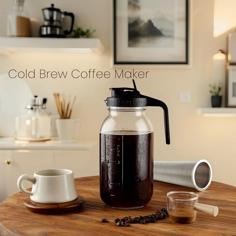 Cold Brew Coffee Maker, 64 oz Glass Pitcher with Mesh Filter, 2 Quart Mason Jar with Lid in Kuwait