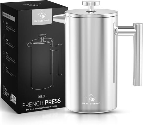 French Press Coffee Maker 304 Stainless Steel 34 Oz Large Double-Walled Insulated French Press 3 Level Filtration System For Kitchen, Camping & Gifting in Premium Box - Dishwasher Safe in Kuwait