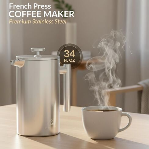 French Press Coffee Maker 304 Stainless Steel 34 Oz Large Double-Walled Insulated French Press 3 Level Filtration System For Kitchen, Camping & Gifting in Premium Box - Dishwasher Safe in Kuwait