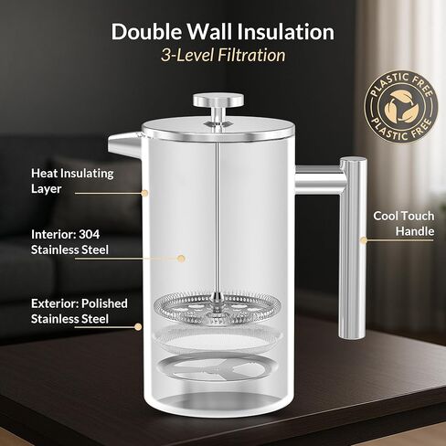 French Press Coffee Maker 304 Stainless Steel 34 Oz Large Double-Walled Insulated French Press 3 Level Filtration System For Kitchen, Camping & Gifting in Premium Box - Dishwasher Safe in Kuwait
