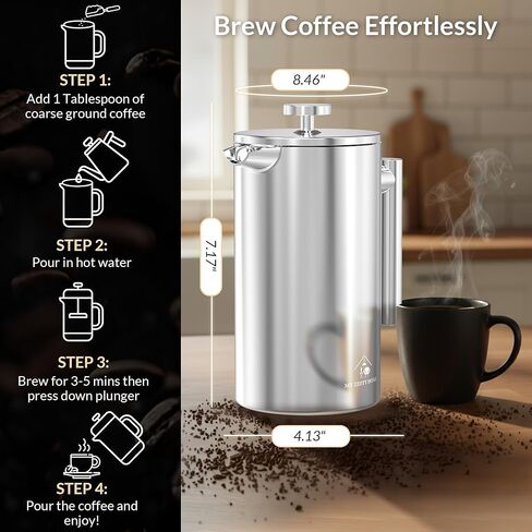 French Press Coffee Maker 304 Stainless Steel 34 Oz Large Double-Walled Insulated French Press 3 Level Filtration System For Kitchen, Camping & Gifting in Premium Box - Dishwasher Safe in Kuwait