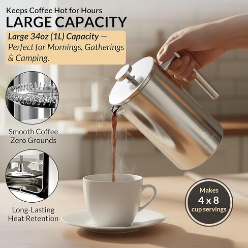 French Press Coffee Maker 304 Stainless Steel 34 Oz Large Double-Walled Insulated French Press 3 Level Filtration System For Kitchen, Camping & Gifting in Premium Box - Dishwasher Safe in Kuwait