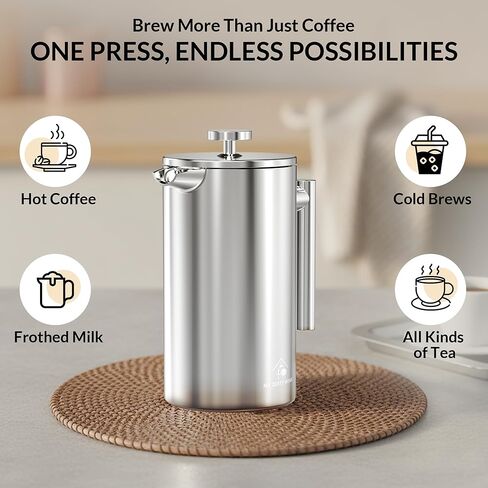 French Press Coffee Maker 304 Stainless Steel 34 Oz Large Double-Walled Insulated French Press 3 Level Filtration System For Kitchen, Camping & Gifting in Premium Box - Dishwasher Safe in Kuwait