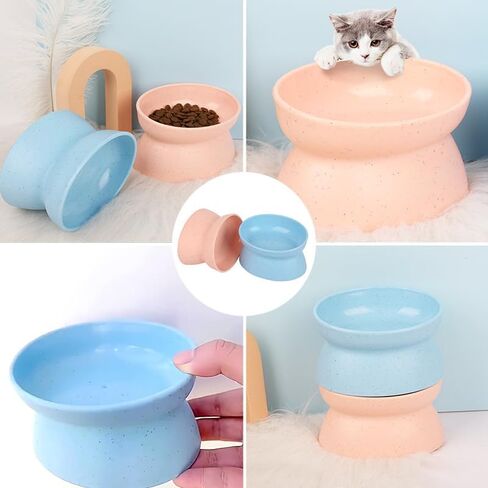 Cat Bowl, Oval Flat-Rimmed Cat Food Bowl, Whisker-Friendly Design, Anti-Vomiting, Ergonomic Elevated Pet Dish, Easy to Clean, Blue in Saudi Arabia