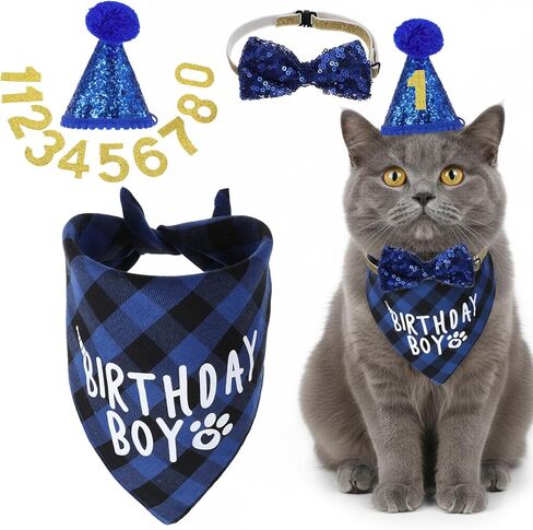 Xindojuz 1 Set Cat Birthday Hat Decorations, Adjustable Cat Birthday Hat with Number Bow Tie Bandana Collar for Cats Dogs Pet Kittens Apparel Christmas Party Outfits Supplies (Blue) in Kuwait