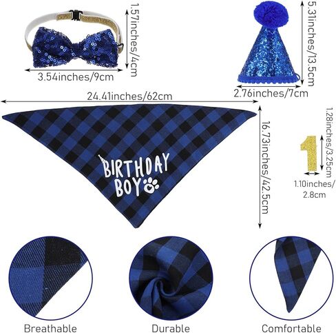 Xindojuz 1 Set Cat Birthday Hat Decorations, Adjustable Cat Birthday Hat with Number Bow Tie Bandana Collar for Cats Dogs Pet Kittens Apparel Christmas Party Outfits Supplies (Blue) in Kuwait