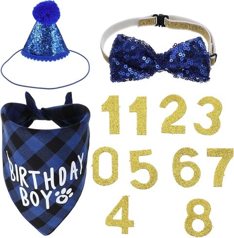 Xindojuz 1 Set Cat Birthday Hat Decorations, Adjustable Cat Birthday Hat with Number Bow Tie Bandana Collar for Cats Dogs Pet Kittens Apparel Christmas Party Outfits Supplies (Blue) in Kuwait