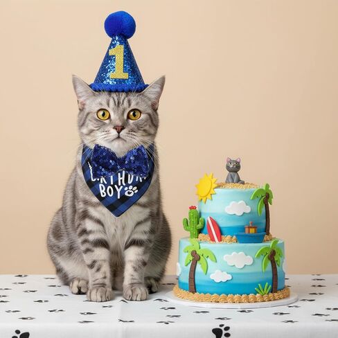 Xindojuz 1 Set Cat Birthday Hat Decorations, Adjustable Cat Birthday Hat with Number Bow Tie Bandana Collar for Cats Dogs Pet Kittens Apparel Christmas Party Outfits Supplies (Blue) in Kuwait