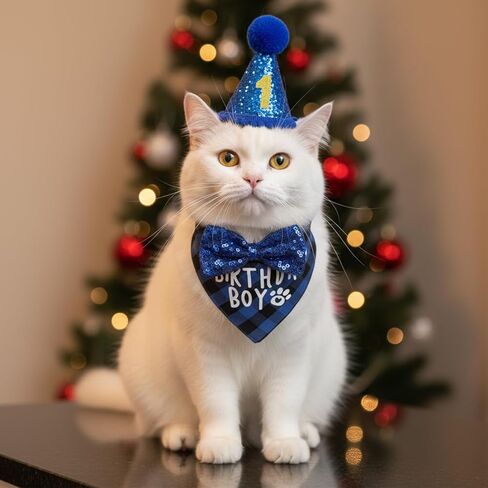 Xindojuz 1 Set Cat Birthday Hat Decorations, Adjustable Cat Birthday Hat with Number Bow Tie Bandana Collar for Cats Dogs Pet Kittens Apparel Christmas Party Outfits Supplies (Blue) in Kuwait